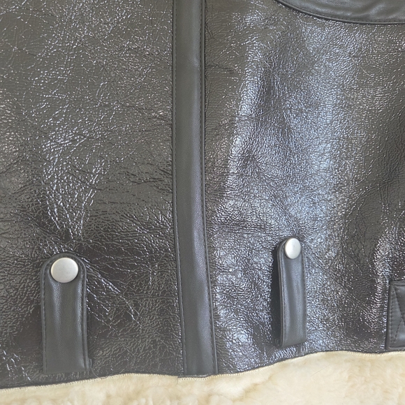 Faux Shearling Lined Dark Chocolate/Black Vinyl Faux Leather Jacket - Picture 6 of 9